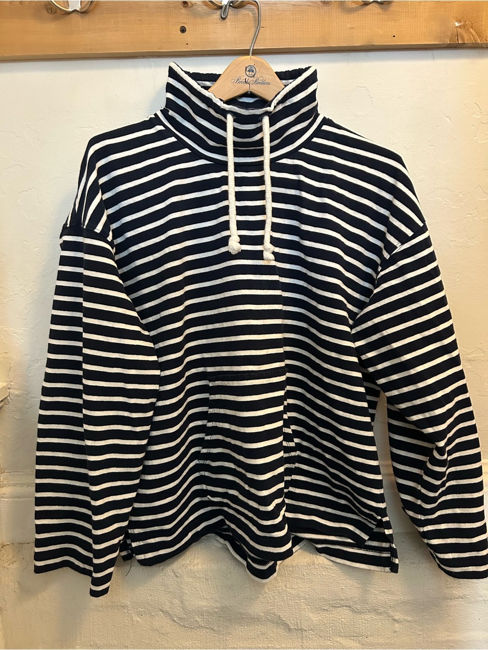 J. Crew Navy and White Striped Cropped Funnel-Neck Pullover